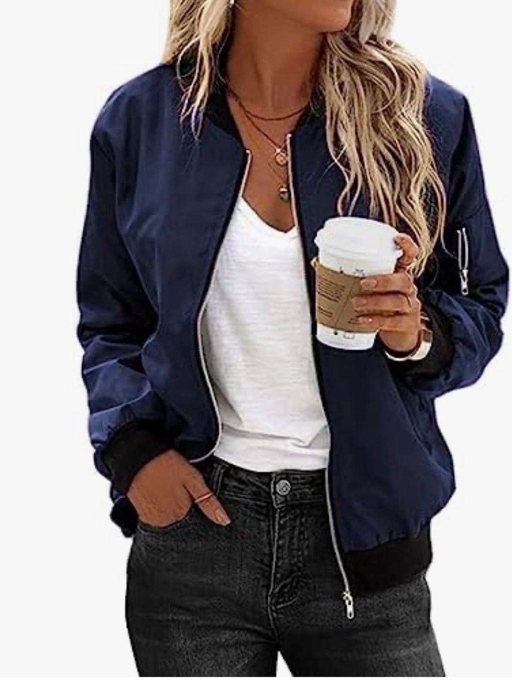Casual Navy Bomber Jacket for Women - Lightweight Zip Front